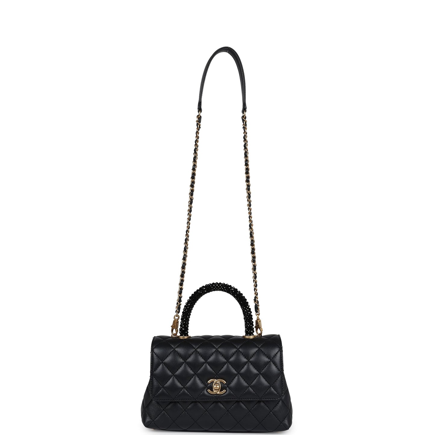 Chanel Small Coco Crystal Top Handle Flap Bag Black Lambskin Brushed Gold Hardware