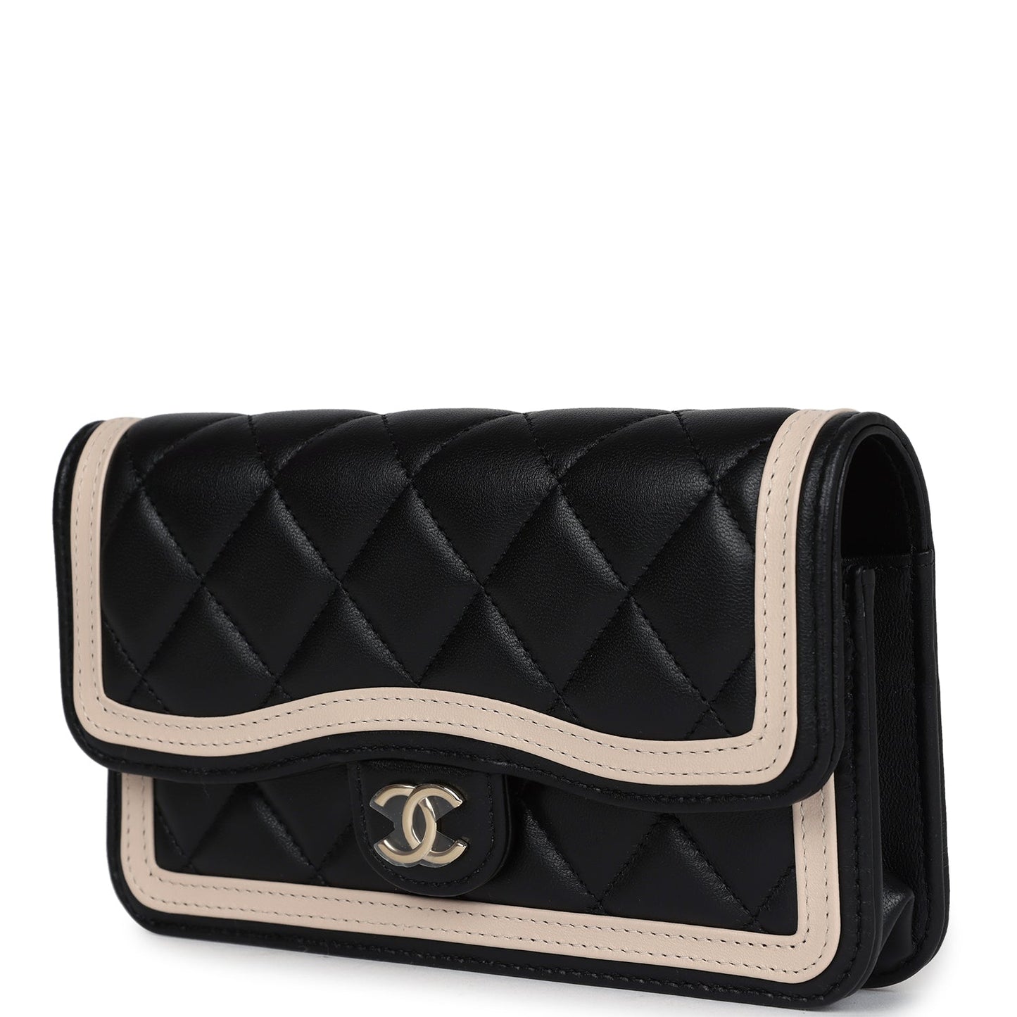 Chanel Flap Phone Holder with Chain Black and Light Beige Lambskin Light Gold Hardware