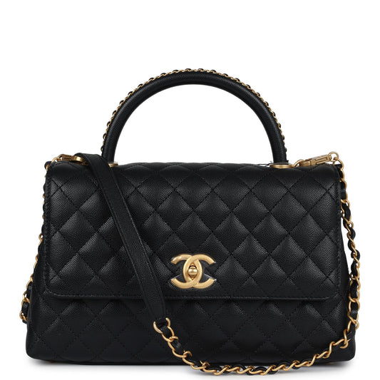 Chanel Medium Coco Top Handle Black Chevron Caviar Brushed Gold Hardware