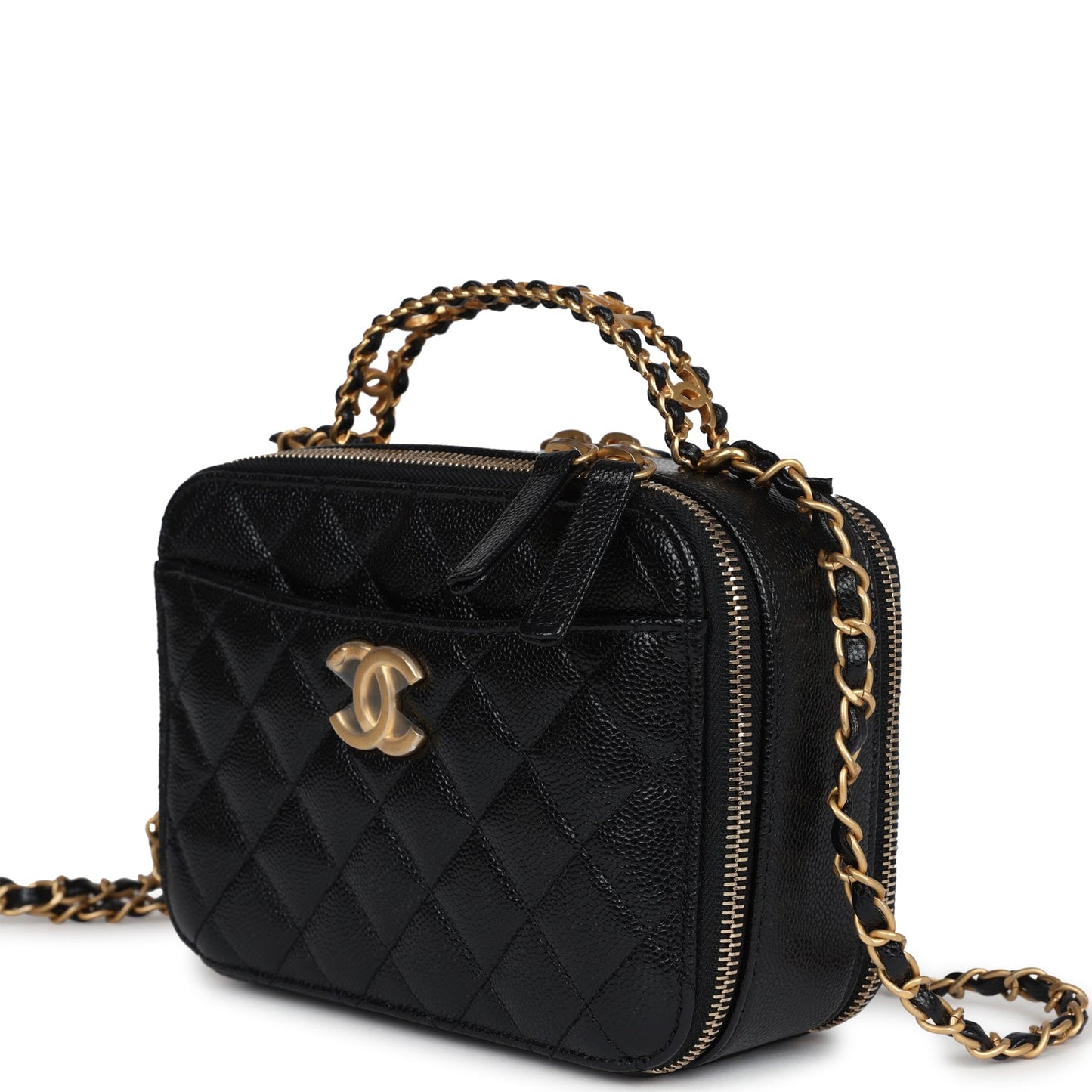 Chanel Small Pick Me Up Top Handle Vanity Case Black Caviar Brushed Gold Hardware