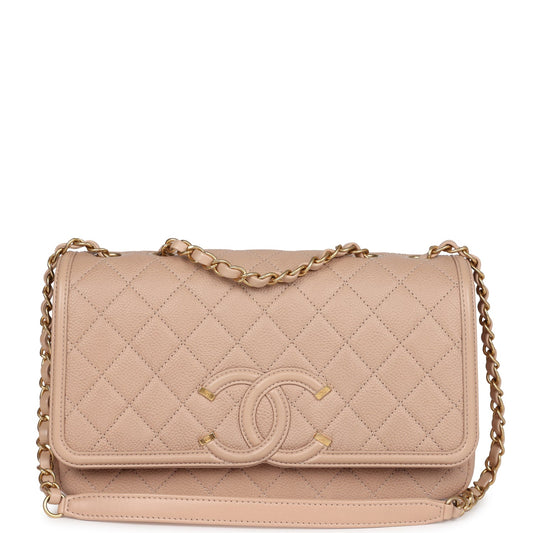 Chanel Medium CC Filigree Flap Bag Beige Caviar Brushed Gold Hardware