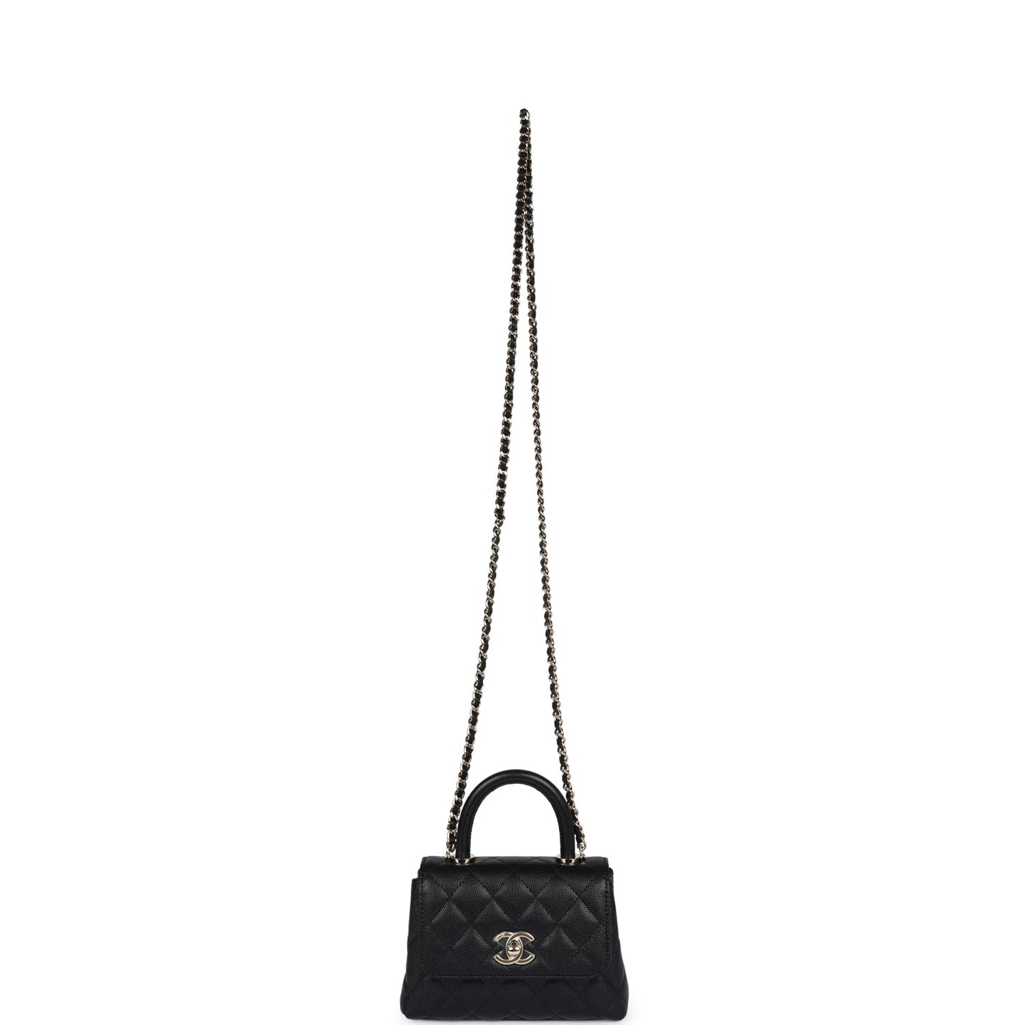 Chanel Nano Coco Top Handle Flap Bag Black Caviar Light Gold Hardware