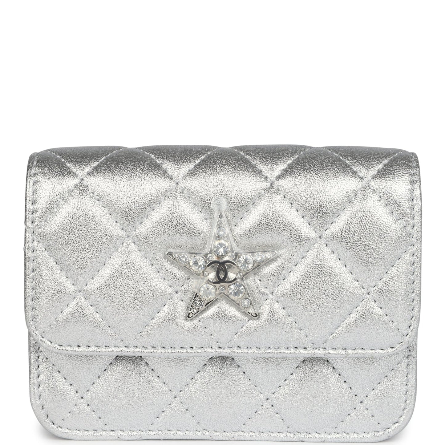 Chanel Crystal CC Walk Of Fame Clutch Wallet Silver Metallic Goatskin Silver Hardware