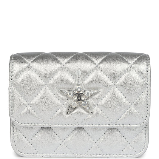 Chanel Crystal CC Walk Of Fame Clutch Wallet Silver Metallic Goatskin Silver Hardware