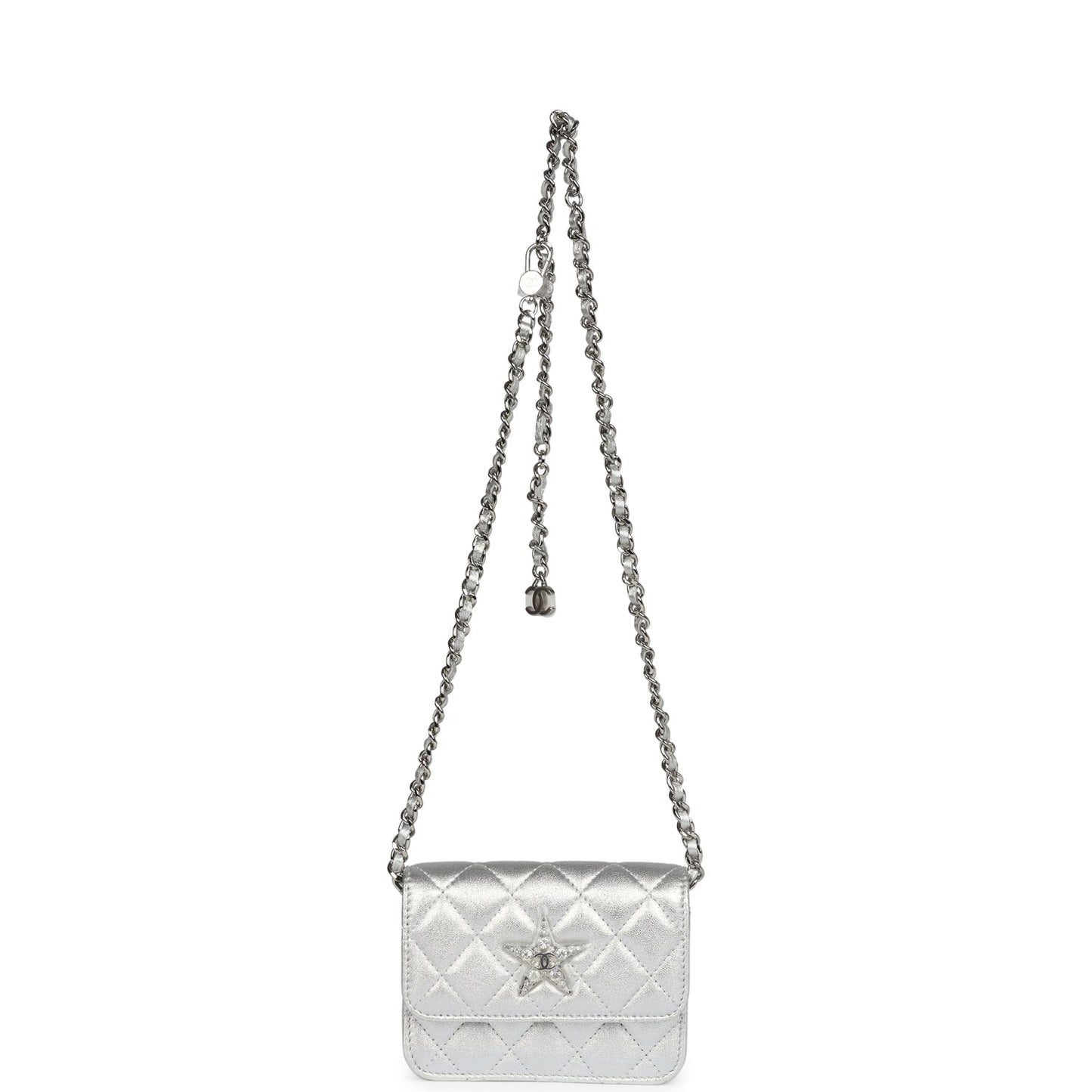 Chanel Crystal CC Walk Of Fame Clutch Wallet Silver Metallic Goatskin Silver Hardware