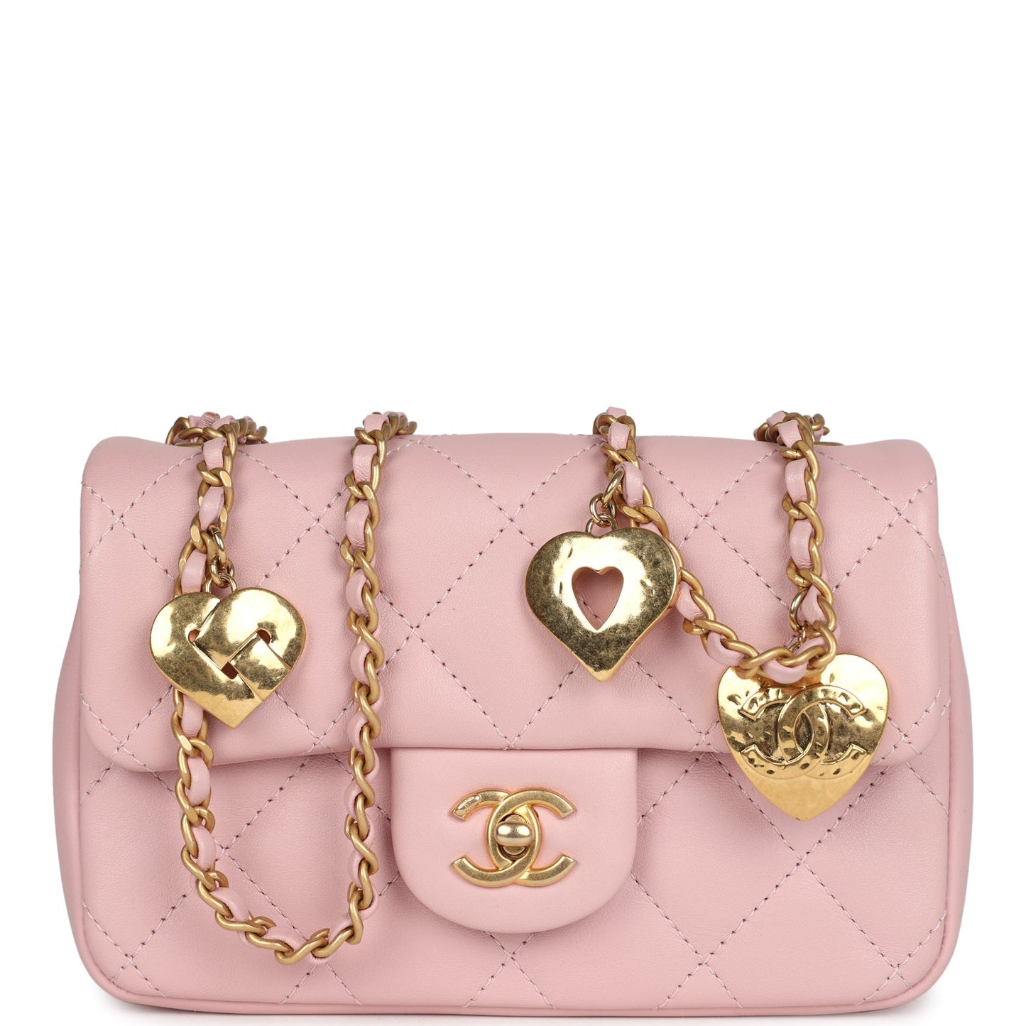 Chanel Mini Rectangular Flap Bag with Heart Chain Pink Lambskin Antique Gold Hardware