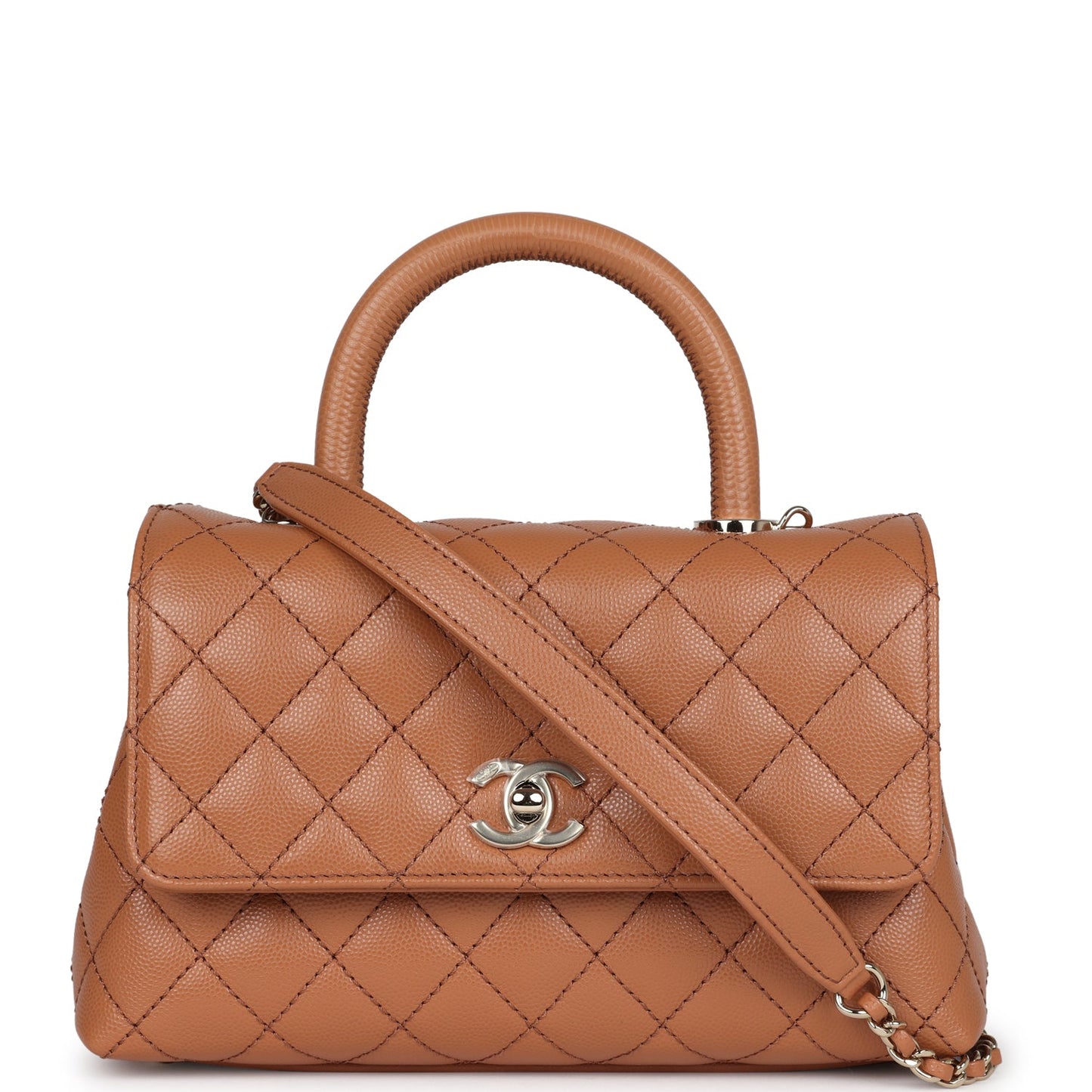 Chanel Small Coco Handle Flap Bag Brown Caviar Light Gold Hardware