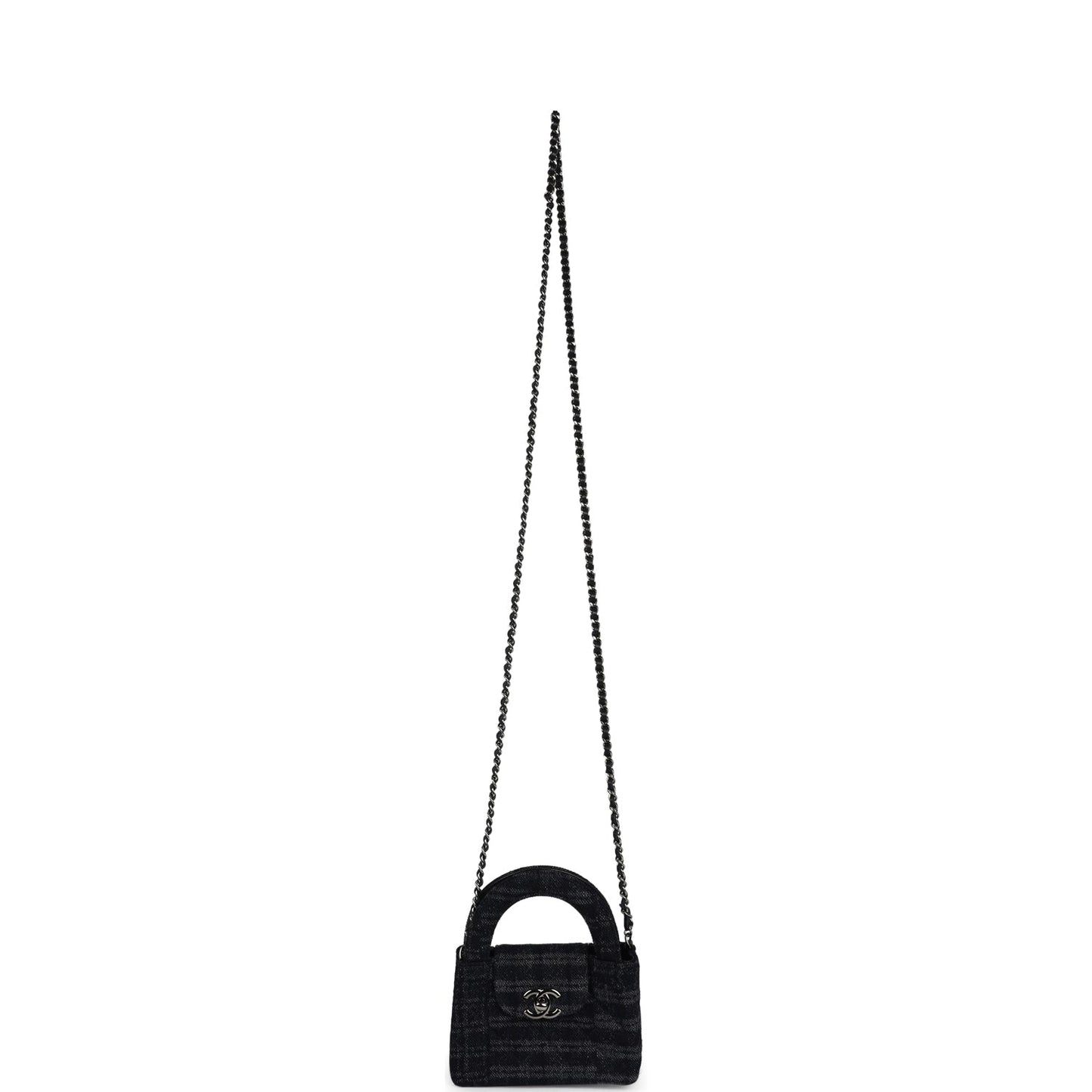 Chanel Nano Kelly Shopper Black and Grey Printed Denim Ruthenium Hardware