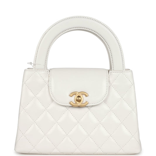 Chanel Small Kelly Shopper White Shiny Aged Calfskin Brushed Gold Hardware