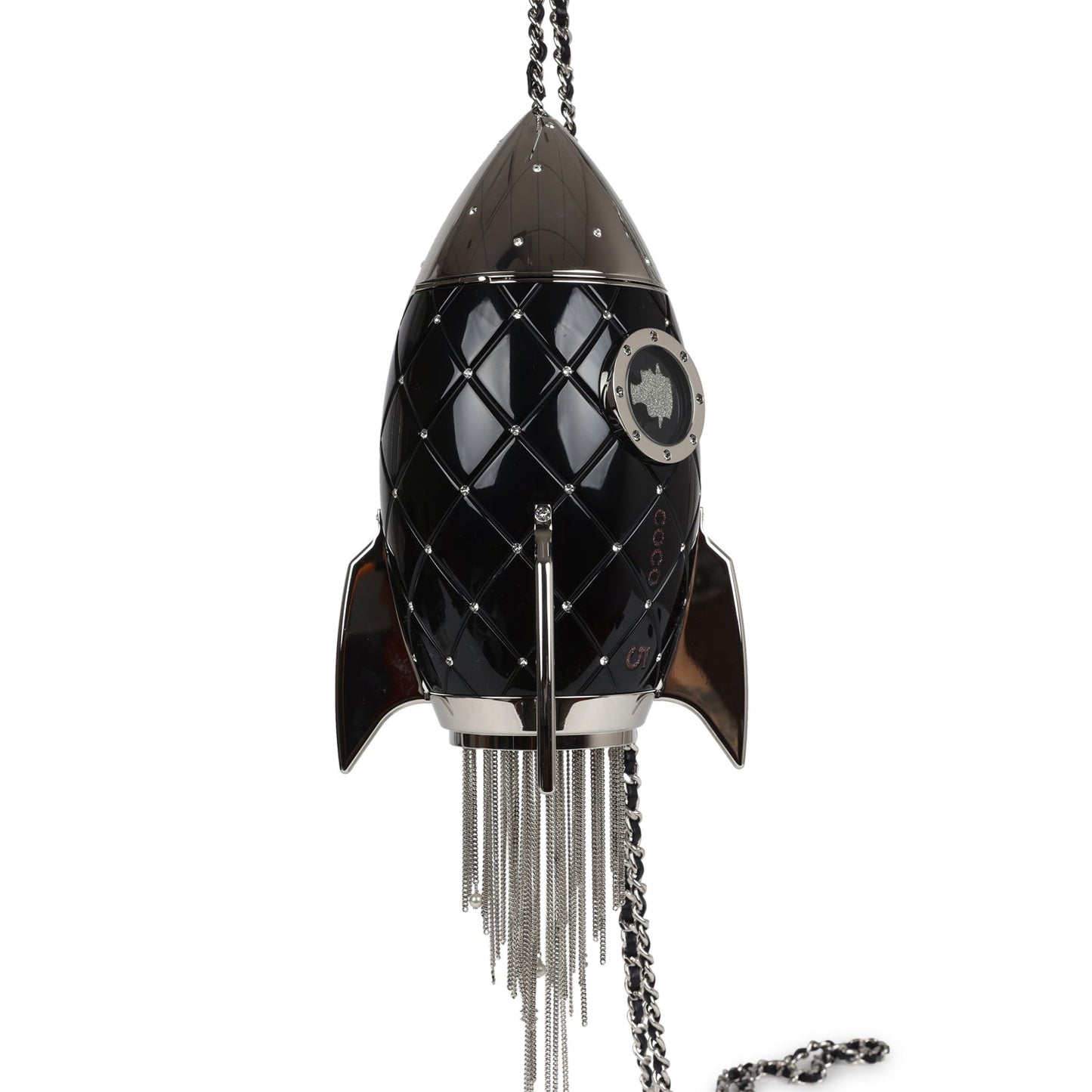 Chanel Limited Edition Rocket Ship Minaudière Bag Black Lucite and Crystals Silver Hardware