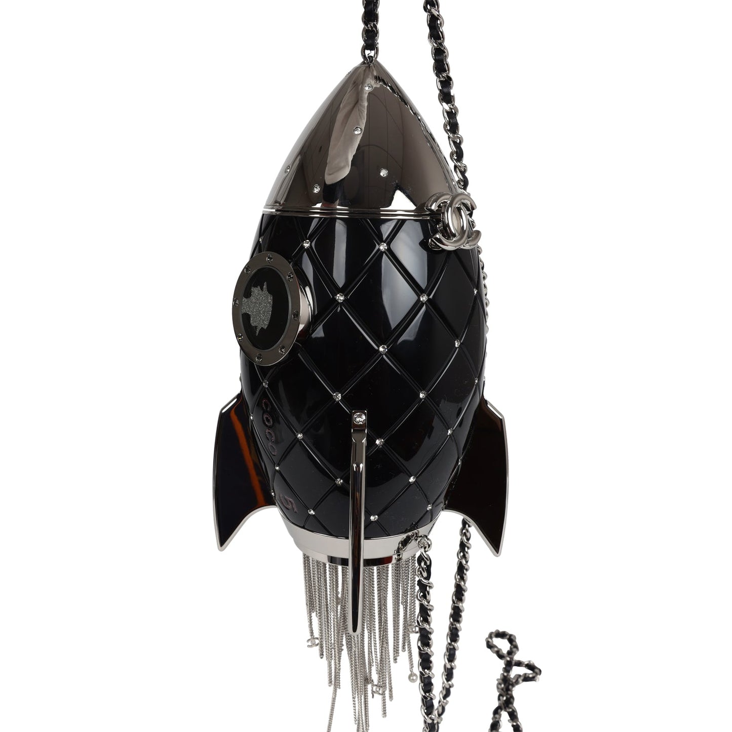 Chanel Limited Edition Rocket Ship Minaudière Bag Black Lucite and Crystals Silver Hardware