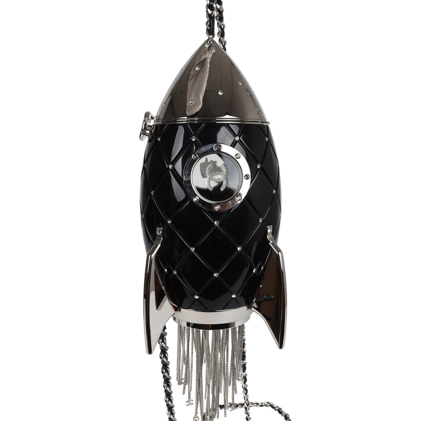 Chanel Limited Edition Rocket Ship Minaudière Bag Black Lucite and Crystals Silver Hardware
