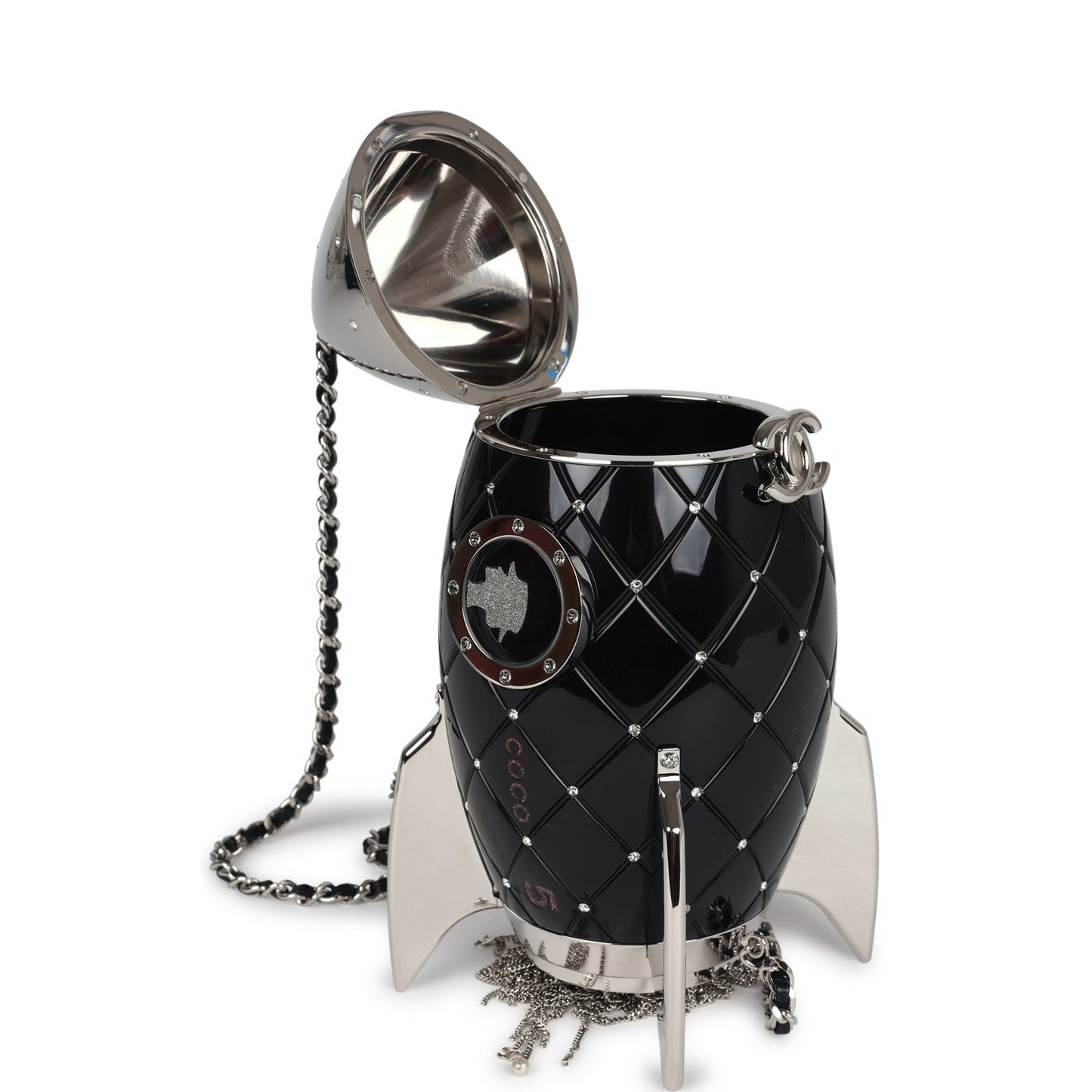 Chanel Limited Edition Rocket Ship Minaudière Bag Black Lucite and Crystals Silver Hardware