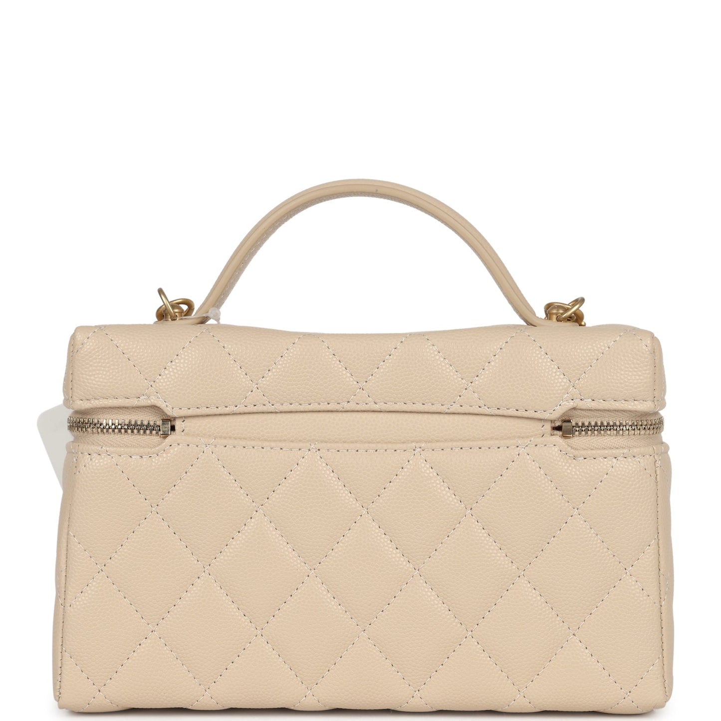 Chanel CC Top Handle Long Vanity Case With Chain Light Beige Shiny Caviar Brushed Gold Hardware