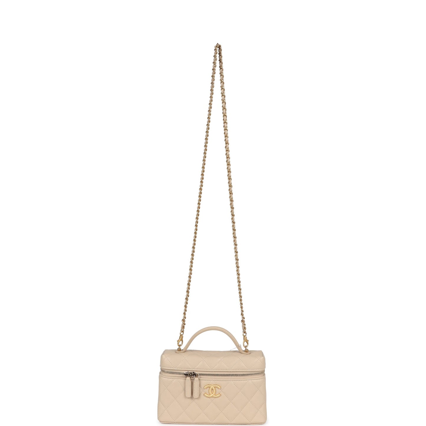 Chanel CC Top Handle Long Vanity Case With Chain Light Beige Shiny Caviar Brushed Gold Hardware