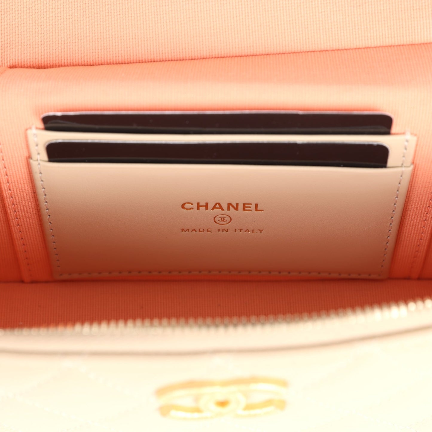 Chanel CC Top Handle Long Vanity Case With Chain Light Beige Shiny Caviar Brushed Gold Hardware