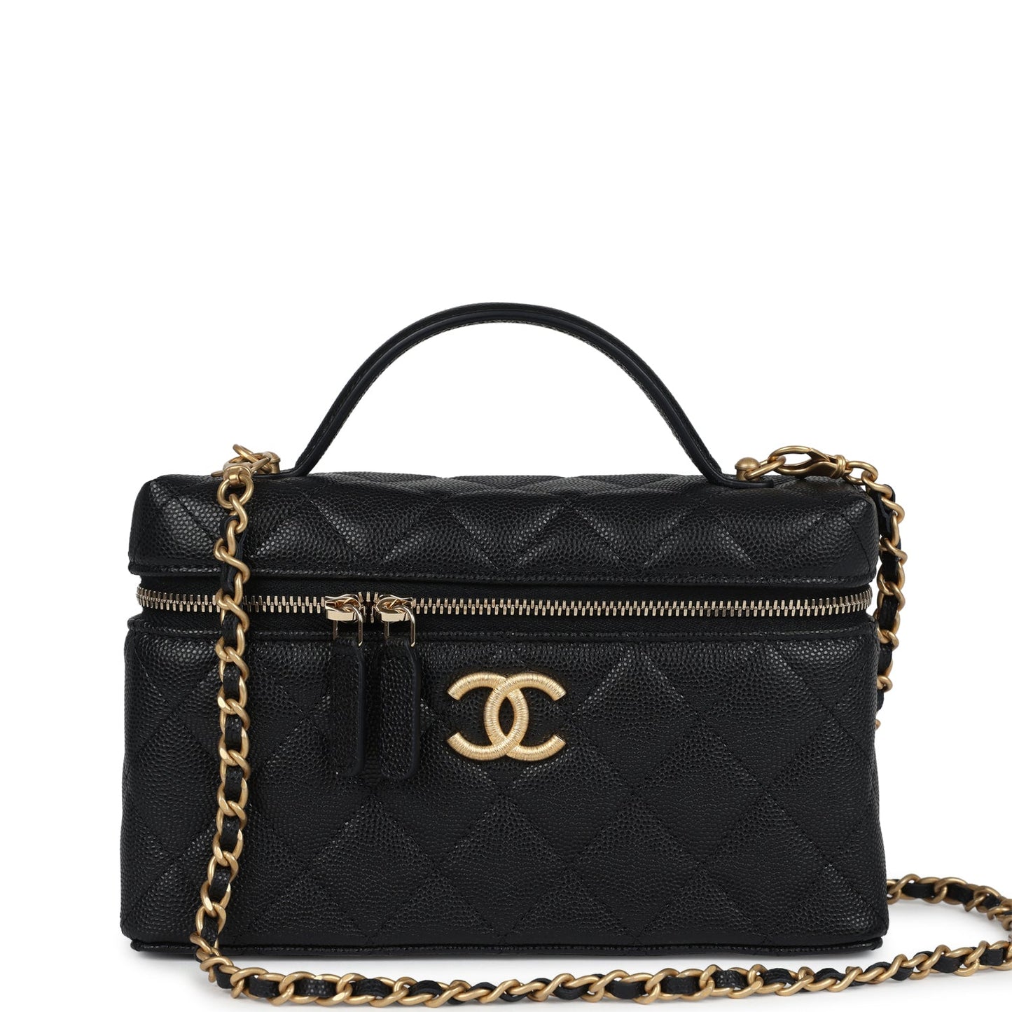 Chanel Top Handle Long Vanity Case With Chain Black Shiny Caviar Brushed Gold Hardware