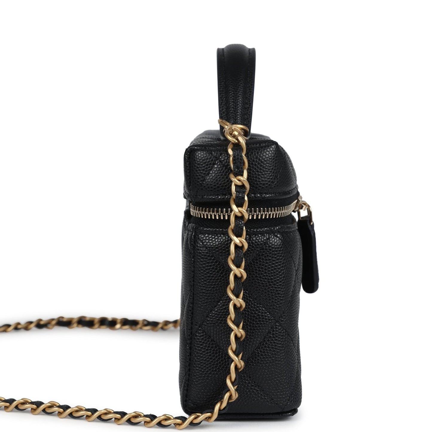 Chanel Top Handle Long Vanity Case With Chain Black Shiny Caviar Brushed Gold Hardware