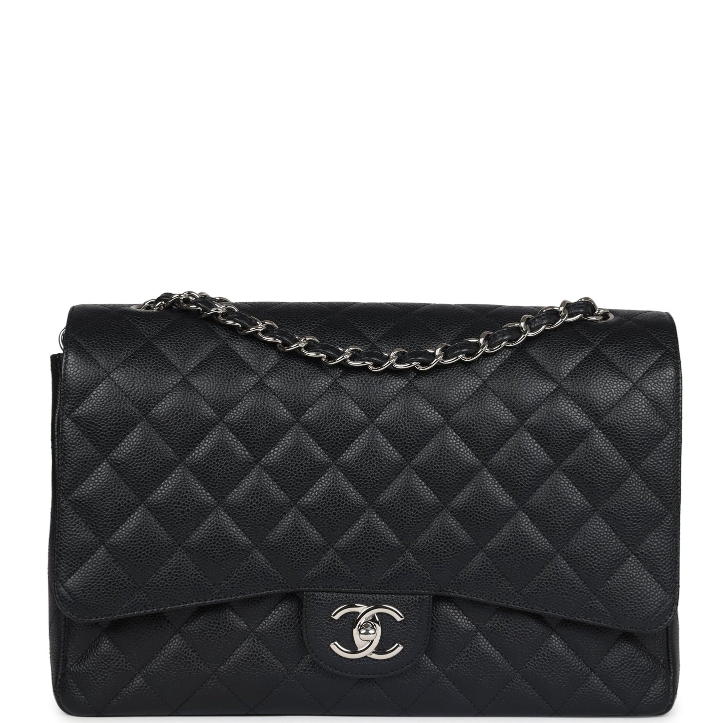 Chanel Maxi Classic Double Flap Bag Black Caviar Silver Hardware