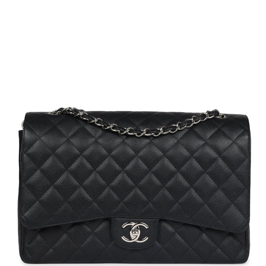 Chanel Maxi Classic Double Flap Bag Black Caviar Silver Hardware