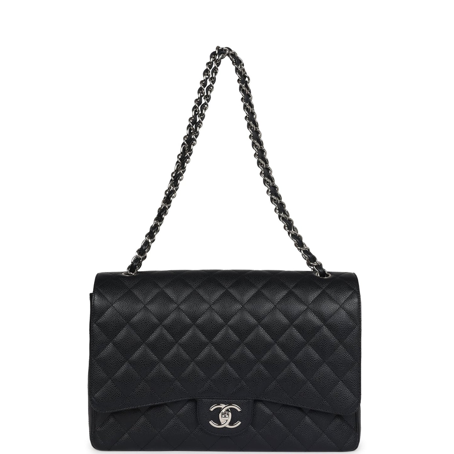 Chanel Maxi Classic Double Flap Bag Black Caviar Silver Hardware