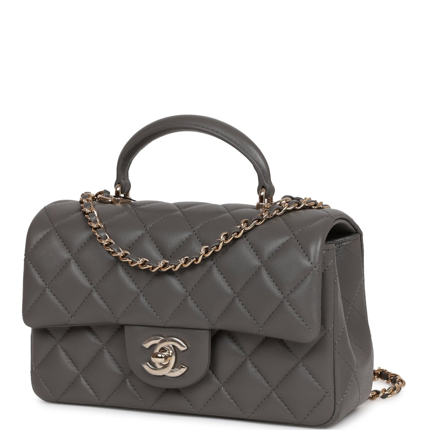 Chanel Mini Rectangular Flap Bag with Top Handle Dark Grey Lambskin Light Gold Hardware