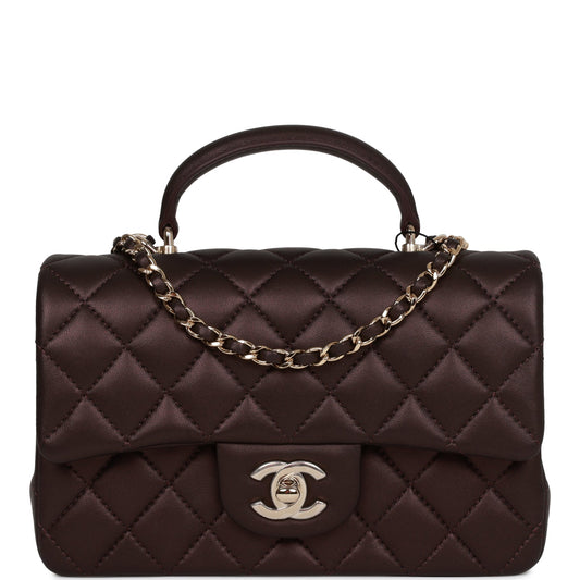 Chanel Mini Rectangular Flap Bag with Top Handle Burgundy Lambskin Light Gold Hardware