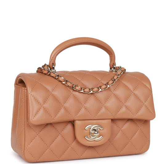 Chanel Mini Rectangular Flap with Top Handle Caramel Lambskin Light Gold Hardware