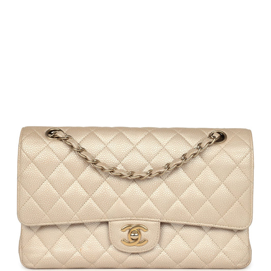 Chanel Medium Classic Double Flap Pearly Beige Caviar Gold Hardware