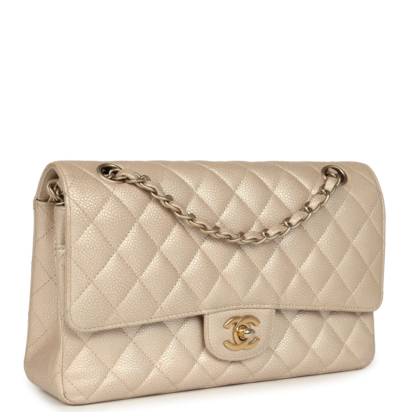 Chanel Medium Classic Double Flap Pearly Beige Caviar Gold Hardware