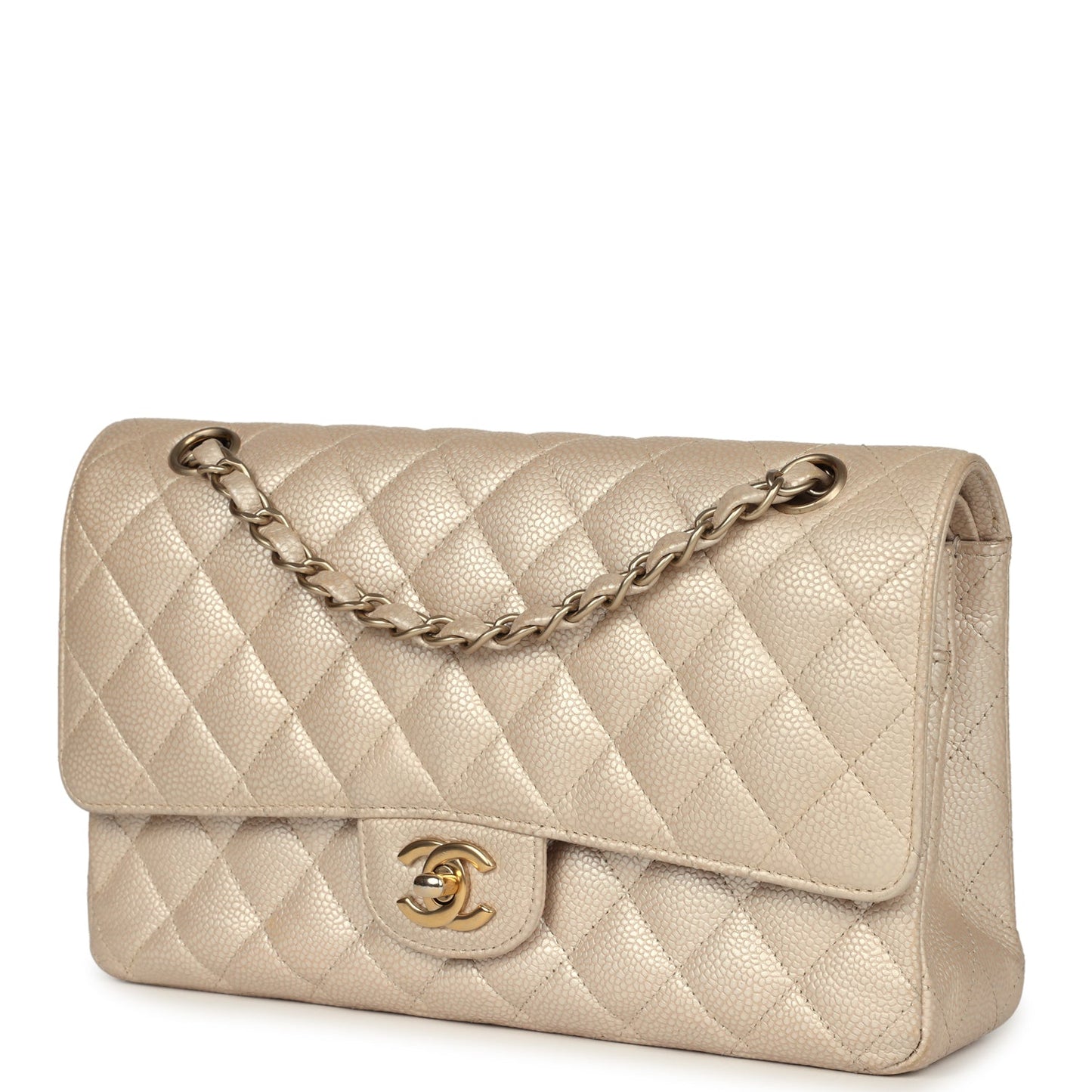 Chanel Medium Classic Double Flap Pearly Beige Caviar Gold Hardware