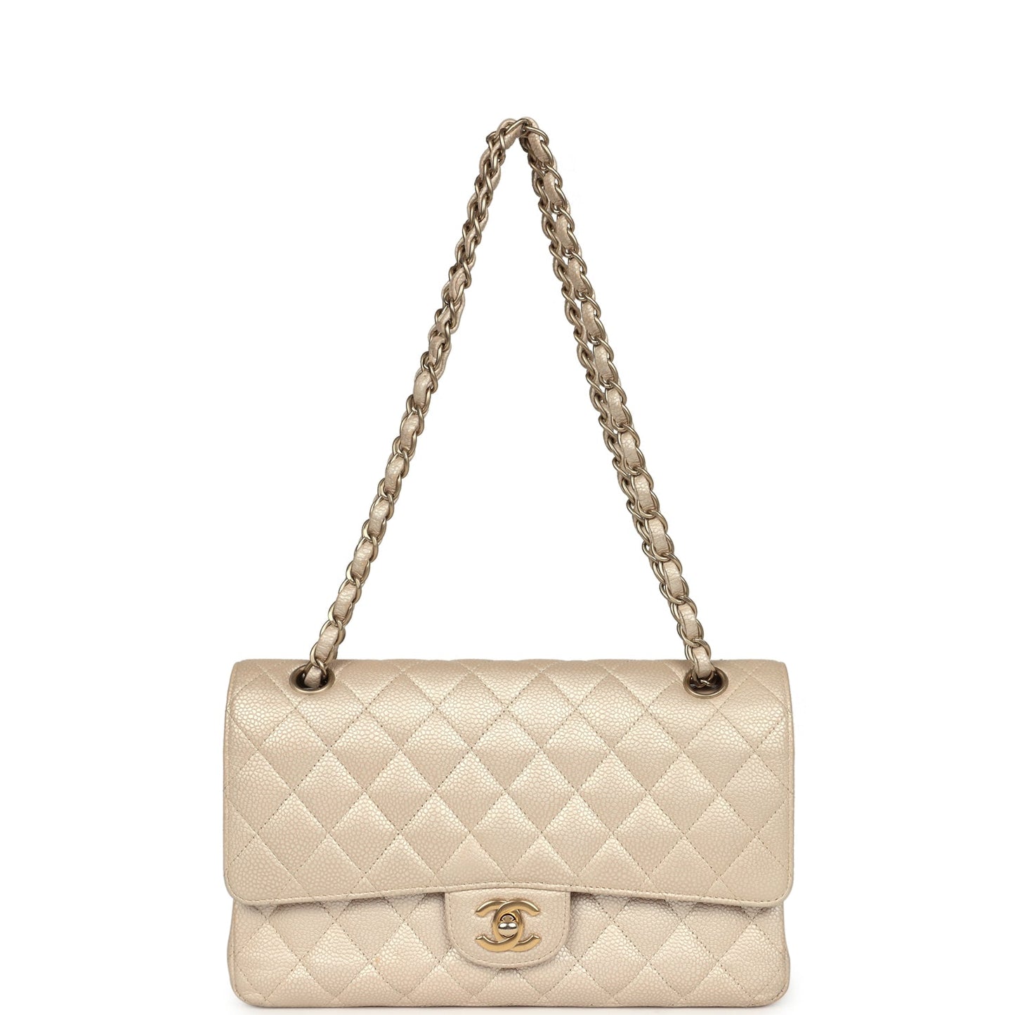 Chanel Medium Classic Double Flap Pearly Beige Caviar Gold Hardware