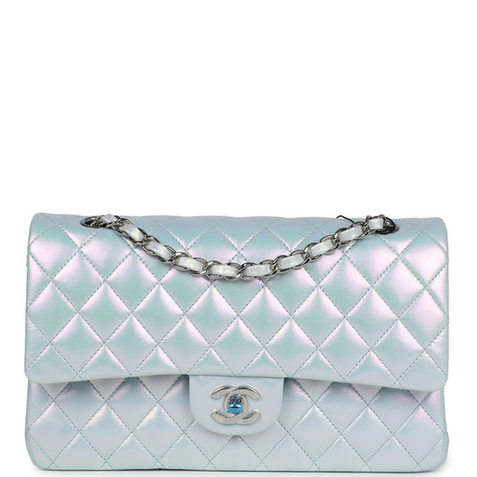 Chanel Medium Classic Double Flap Bag Blue Iridescent Calfskin Silver Hardware