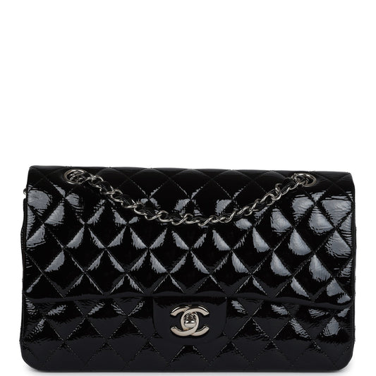 Chanel Medium Classic Double Flap Bag Black Crumpled Patent Leather Silver Hardware