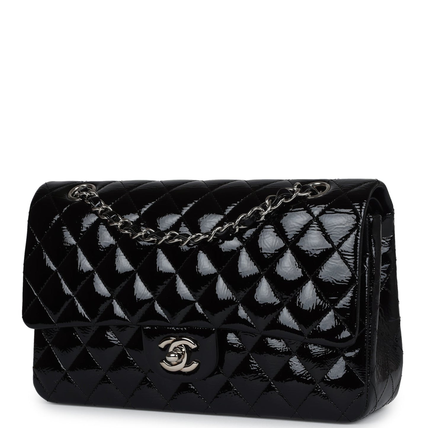Chanel Medium Classic Double Flap Bag Black Crumpled Patent Leather Silver Hardware
