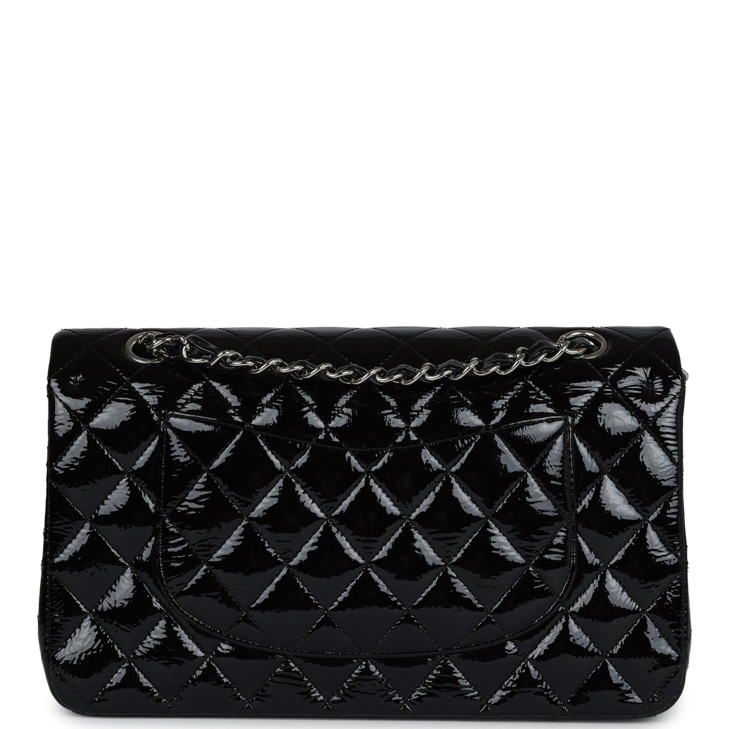 Chanel Medium Classic Double Flap Bag Black Crumpled Patent Leather Silver Hardware