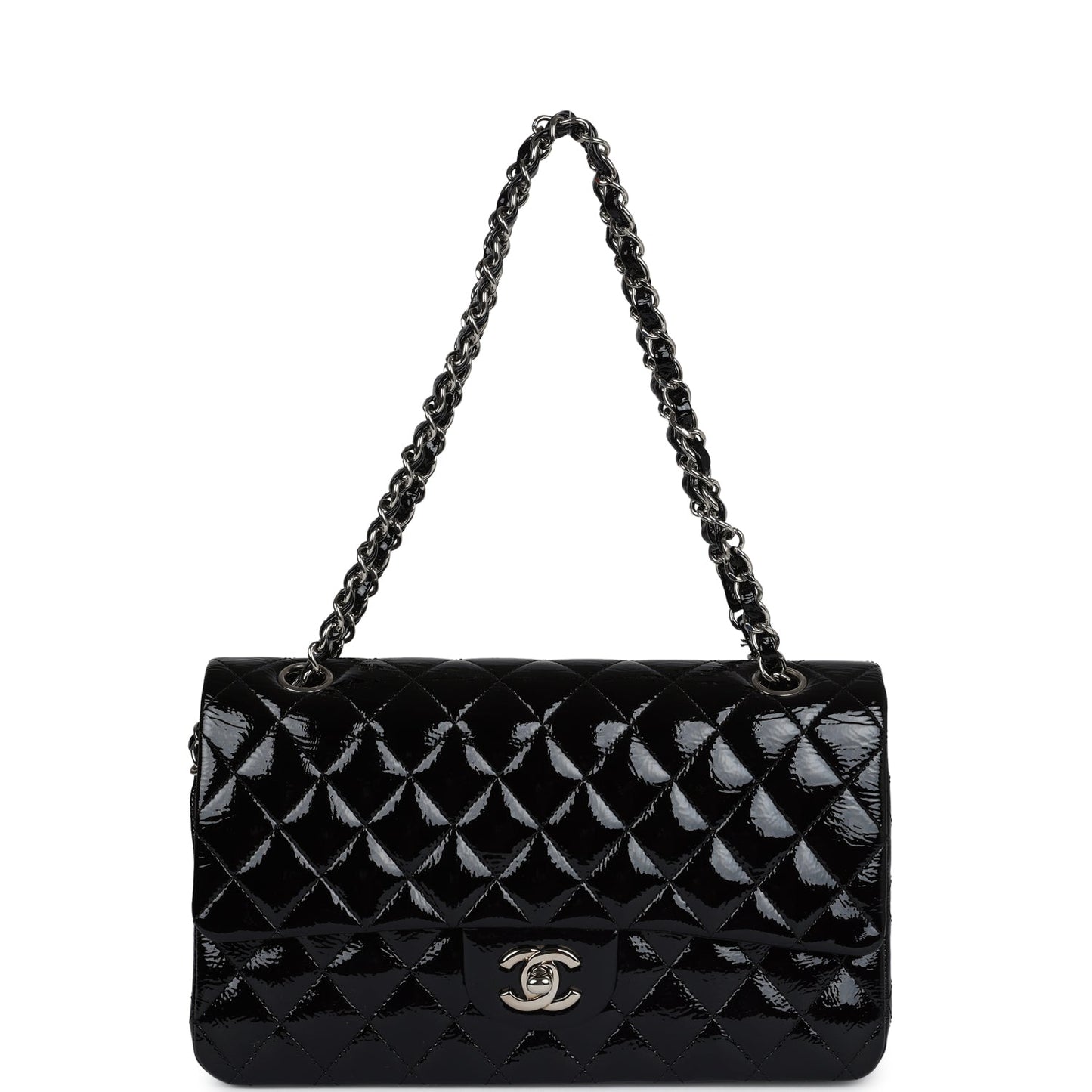 Chanel Medium Classic Double Flap Bag Black Crumpled Patent Leather Silver Hardware