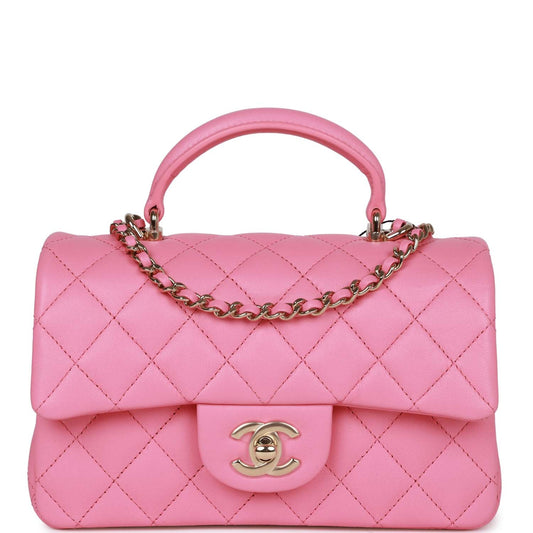 Chanel Rectangular Mini Flap Bag with Top Handle Pink Lambskin Light Gold Hardware