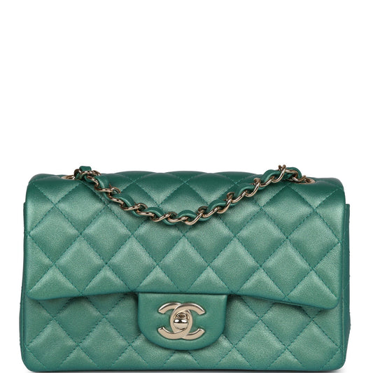 Chanel Mini Classic Rectangular Flap Iridescent Green Lambskin Light Gold Hardware