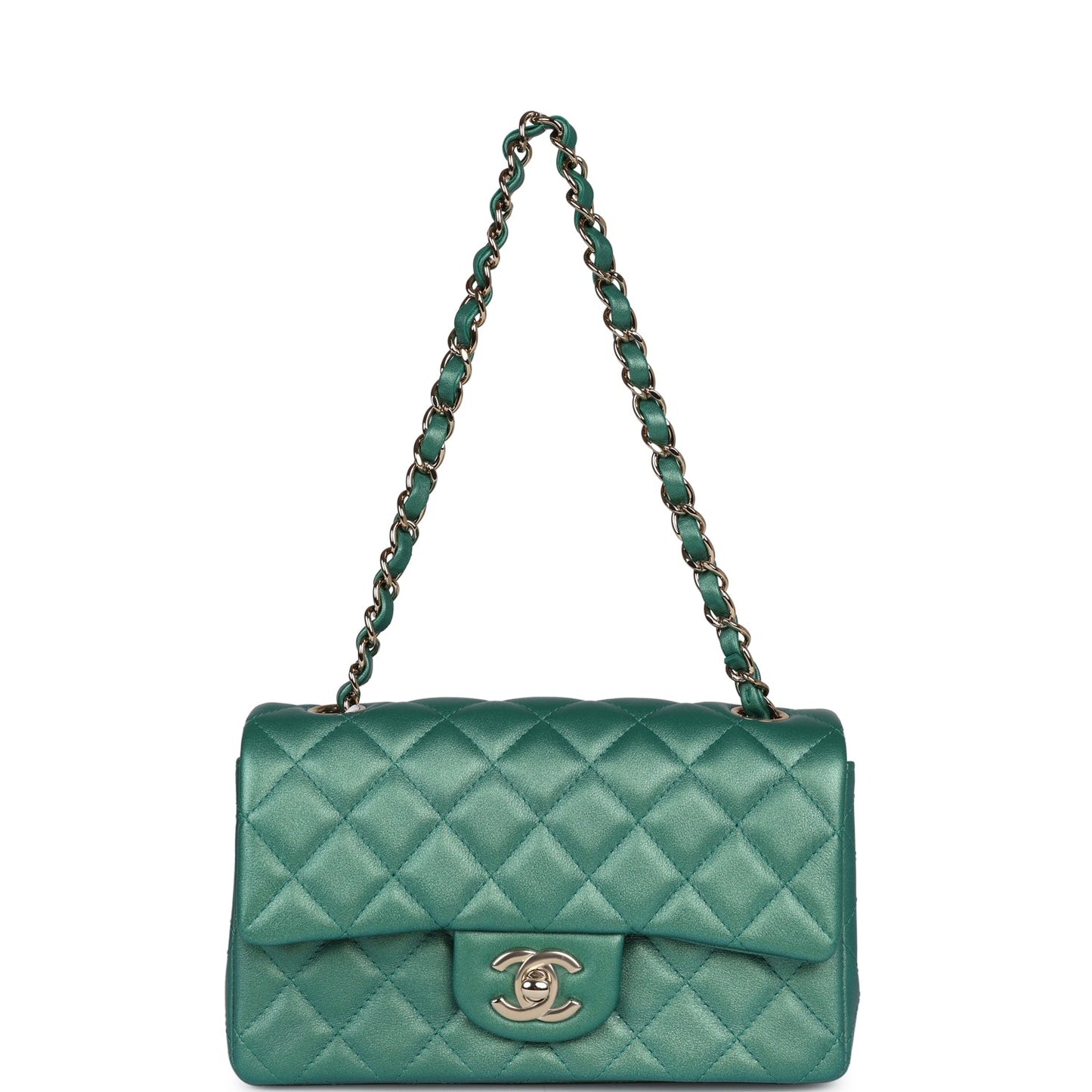 Chanel Mini Classic Rectangular Flap Iridescent Green Lambskin Light Gold Hardware