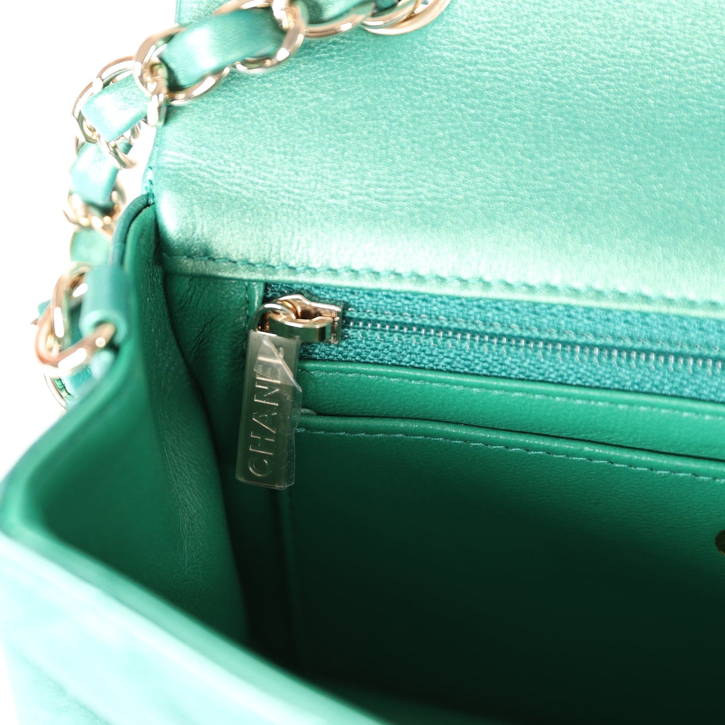 Chanel Mini Classic Rectangular Flap Iridescent Green Lambskin Light Gold Hardware