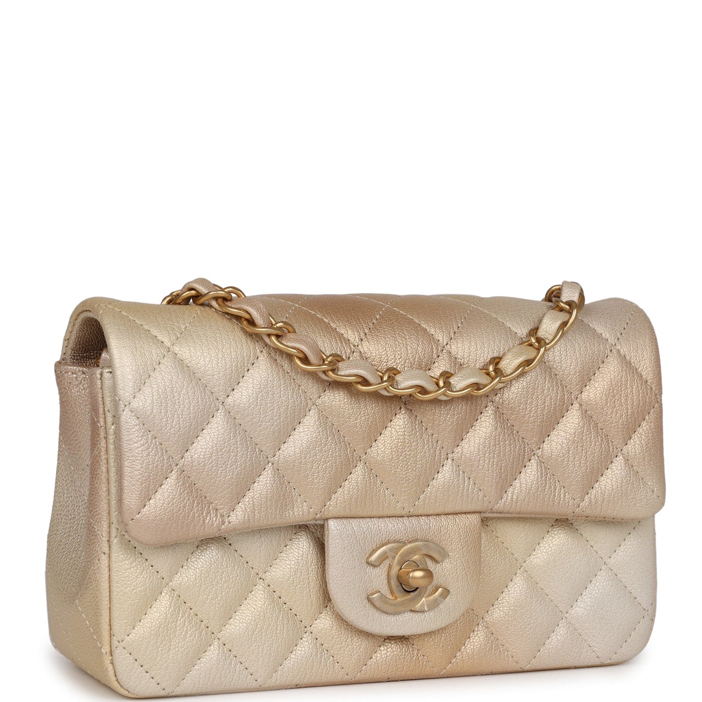 Chanel Mini Classic Rectangular Flap Iridescent Gold and Beige Ombre Chevre Aged Gold Hardware
