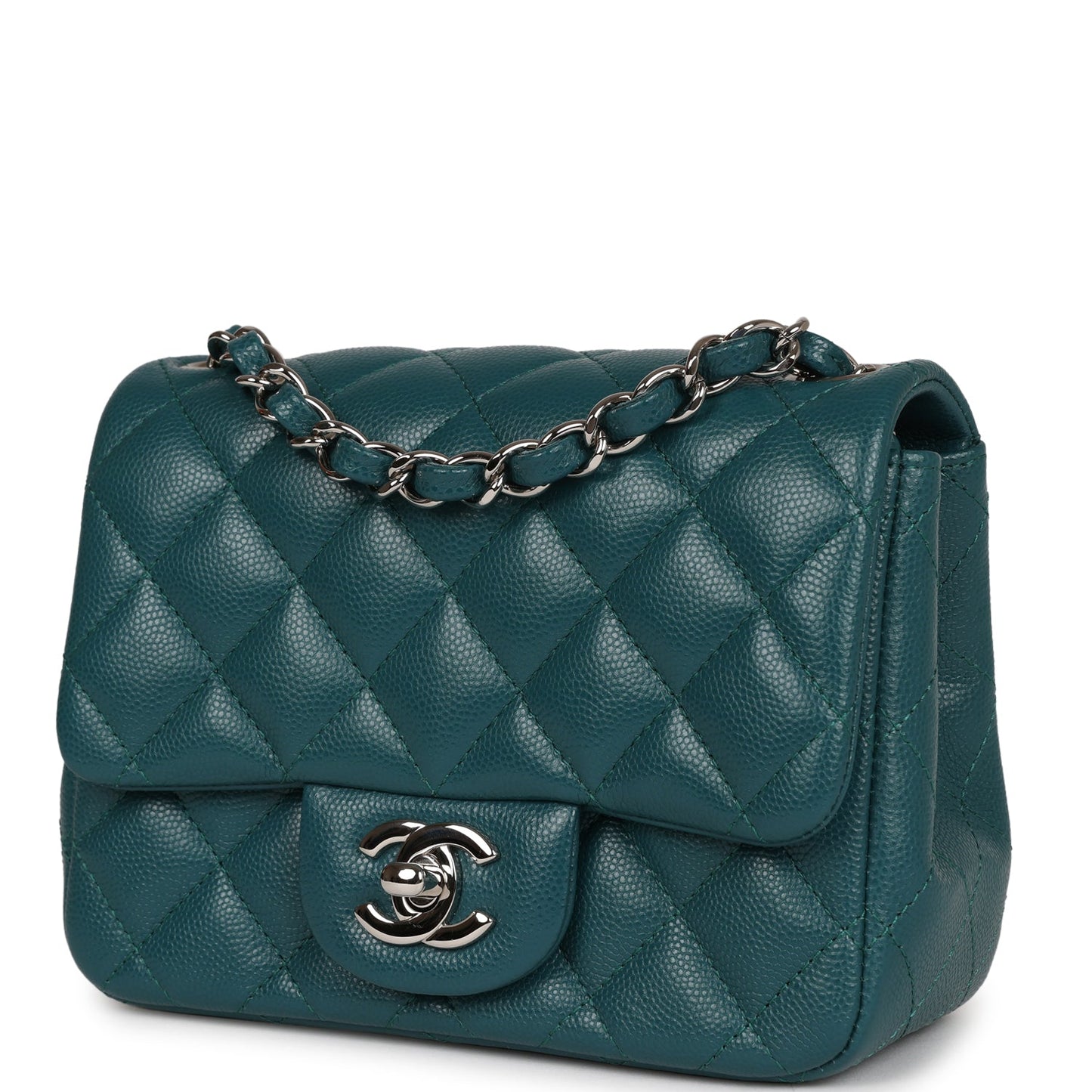 Chanel Mini Square Flap Bag Dark Green Caviar Silver Hardware