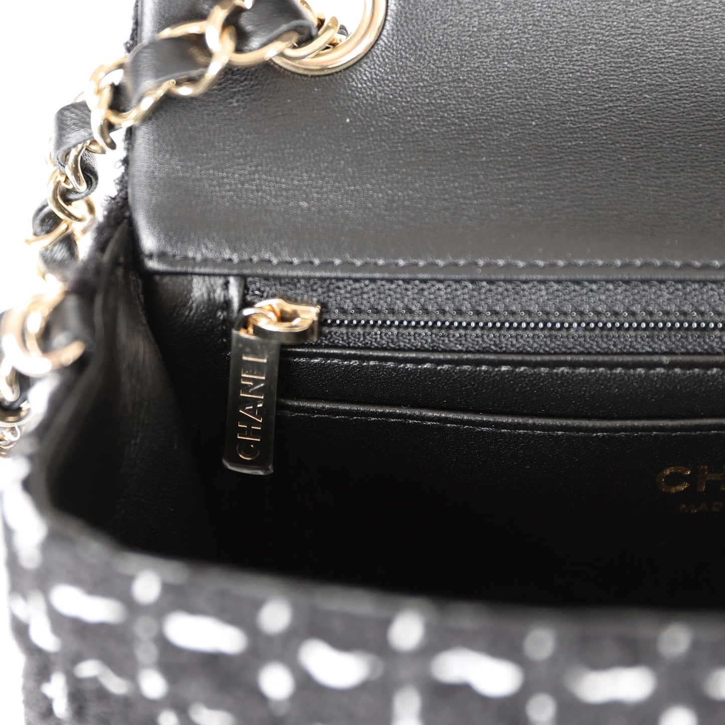 Chanel Mini Classic Rectangular Flap Black and White Tweed Gold Hardware