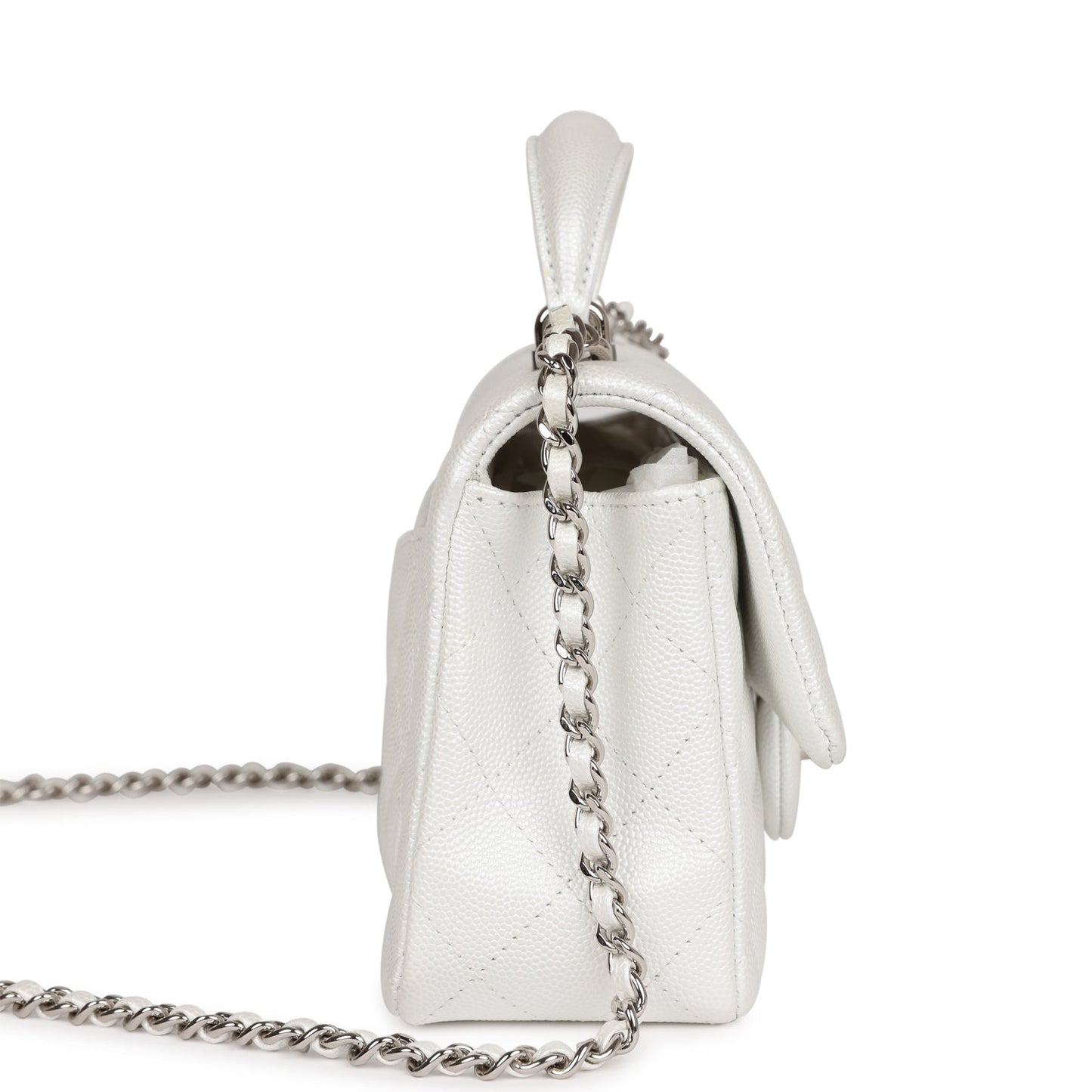 Chanel Mini Rectangular Top Handle Flap Bag White Iridescent Caviar Silver Hardware