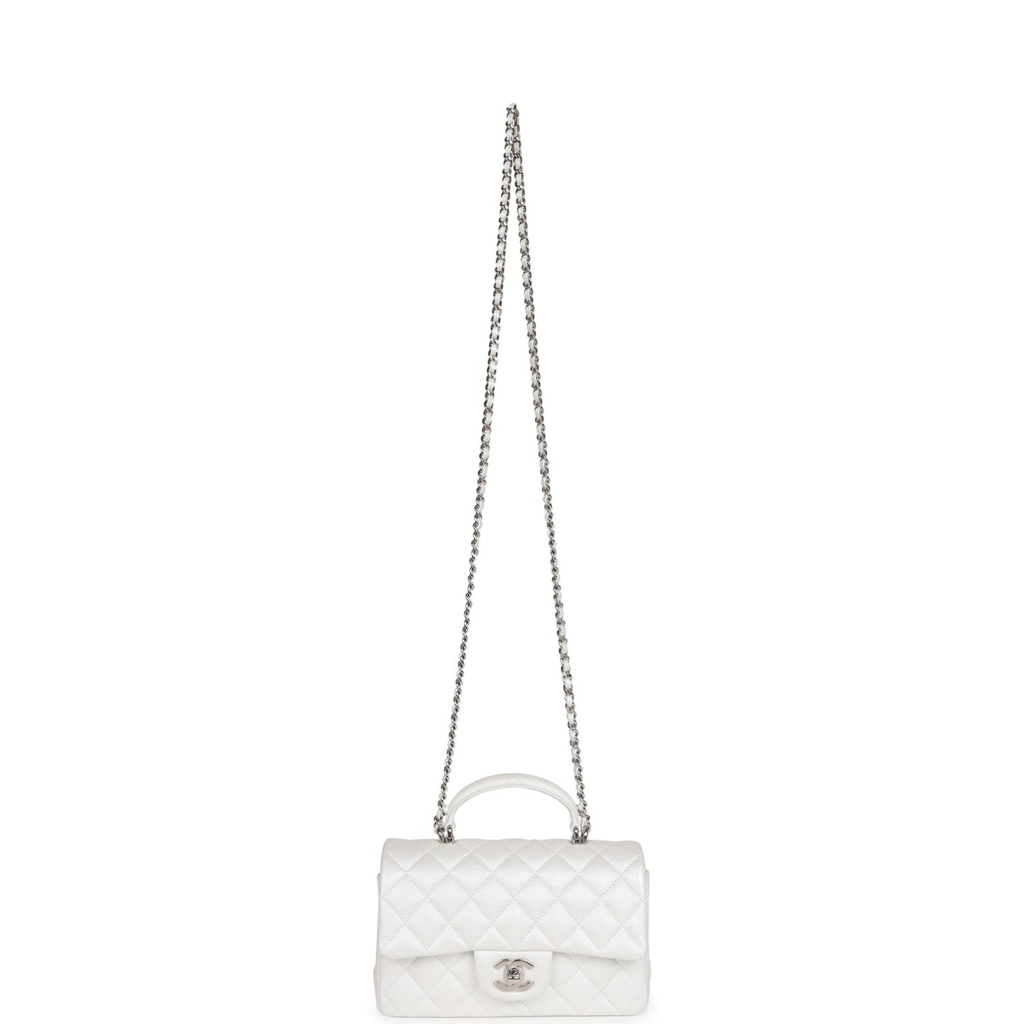 Chanel Mini Rectangular Top Handle Flap Bag White Iridescent Caviar Silver Hardware