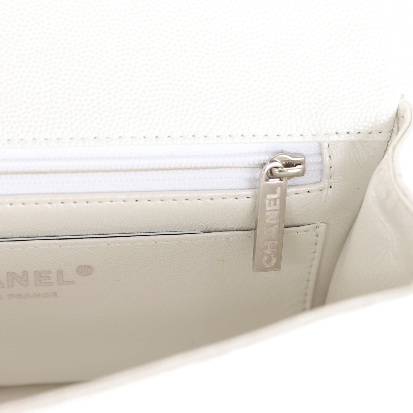 Chanel Mini Rectangular Top Handle Flap Bag White Iridescent Caviar Silver Hardware