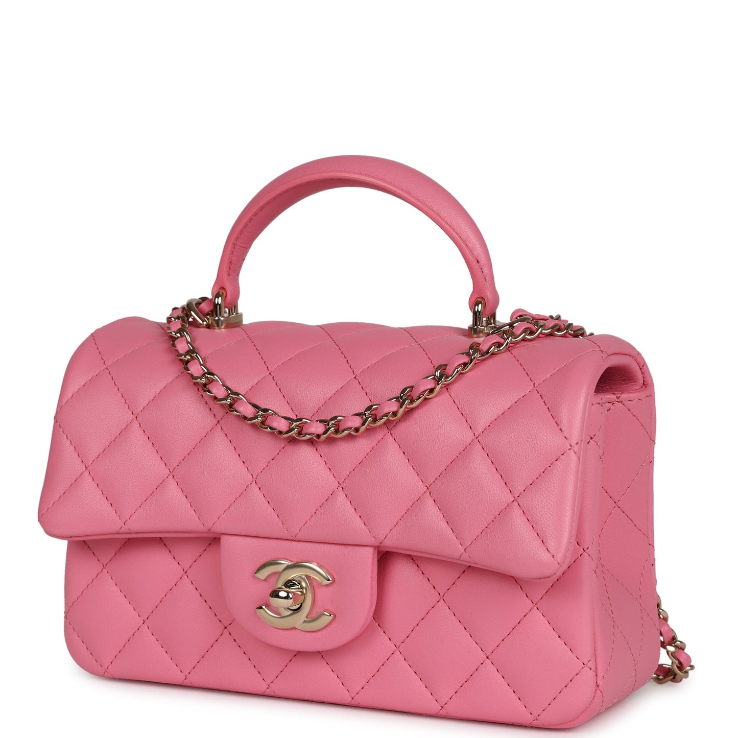 Chanel Mini Rectangular Flap with Top Handle Dark Pink Lambskin Light Gold Hardware