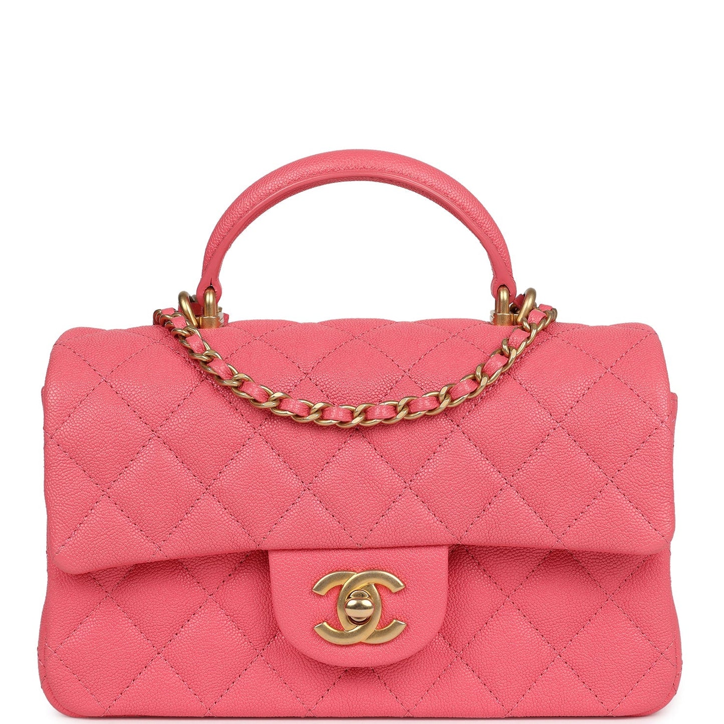 Chanel Mini Rectangular Flap with Top Handle Hot Pink Caviar Antique Gold Hardware