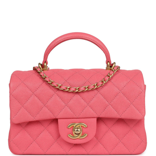 Chanel Mini Rectangular Flap with Top Handle Hot Pink Caviar Antique Gold Hardware